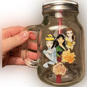 Disney Princesses glass mason jar with lid & straw​